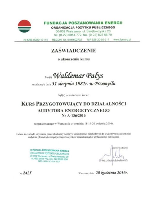 Zaświadczenie kurs audyt FPE