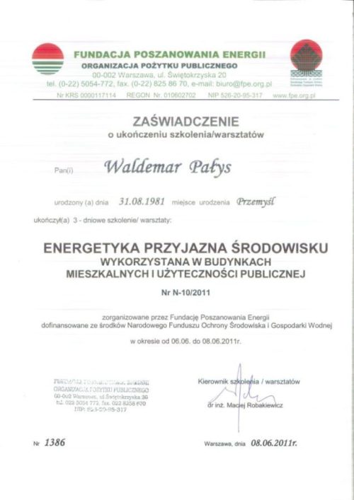 Zaświadczenie kurs FPE